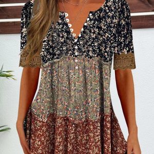 Women's Short Sleeve Blouse Summer Contrast Stitching Lace V Neck Daily Going Out Casual Top, JustFashionNow Shirts, color:Multicolor|size:XXL,