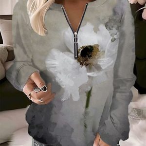 Casual Crew Neck Floral Sweatshirt, Hoodies & Sweatshirts, color:Gray|size:XXL, catalog Noracora shop