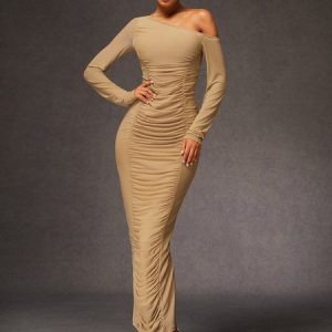 High Elasticity Asymmetrical Plain Maxi Dress, Maxi Dresses, color:Brown|size:XXL, Stylewe