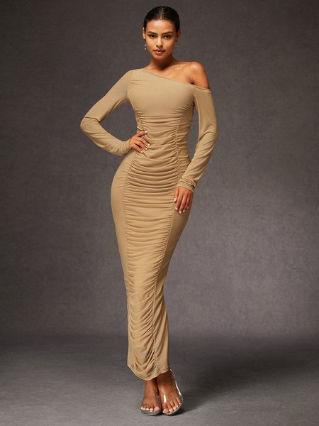 High Elasticity Asymmetrical Plain Maxi Dress, Maxi Dresses, color:Brown|size:XXL, Stylewe