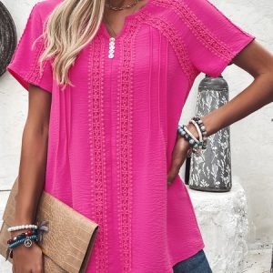 Crew Neck Short Sleeve Plain Lace Regular Loose Shirt For Women, Blouses, color:Rose Red|size:XXL, catalog Noracora shop
