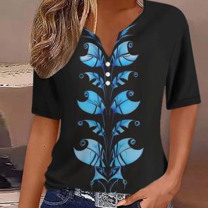 Casual Floral Notched Short Sleeve T-shirt, T-shirts, color:Black|size:3XL, catalog Noracora shop