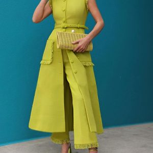 Urban Plain Stand Collar Pocket Buttoned Vest With Belt, Vests and Gilets, color:Yellow|size:XXL, Stylewe