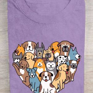Heart shaped dog print round neck casual short sleeved T-shirt, T-shirts, Lilicloth.com