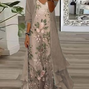 Women Floral V Neck Three Quarter Sleeve Comfy Casual Coat With Skirt Two-Piece Set, Dresses, color:Khaki|size:XXL, catalog Noracora shop