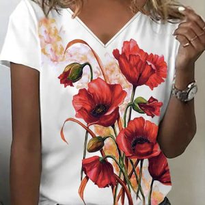 Women's Short Sleeve Tee T-shirt Summer Floral V Neck Casual Top, JustFashionNow T-Shirts, color:Red|size:XXL,