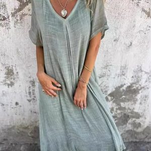 Women Plain V Neck Short Sleeve Comfy Casual Maxi Dress, Dresses, color:Green|size:3XL, catalog Noracora shop