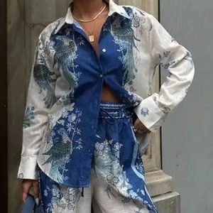 Loose Casual Floral Shirt Collar Shirt, Blouses and Shirts, color:Blue|size:XXL, Stylewe