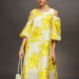 Elegant Off-Shoulder Jacquard Midi Dress, Midi Dresses, color:Yellow|size:XXL, Stylewe