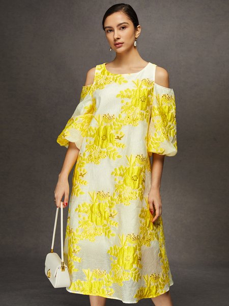 Elegant Off-Shoulder Jacquard Midi Dress, Midi Dresses, color:Yellow|size:XXL, Stylewe