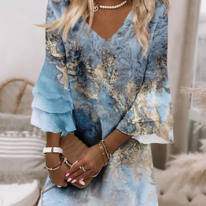 Women Abstract Crew Neck Three Quarter Sleeve Comfy Casual Midi Dress, Dresses, color:Blue|size:3XL, catalog Noracora shop