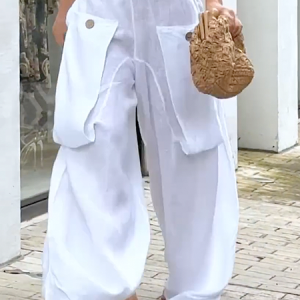 Urban Linen-Cotton Blend Loose Pants with Utility Pockets, Pants, color:White|size:XXL, Stylewe