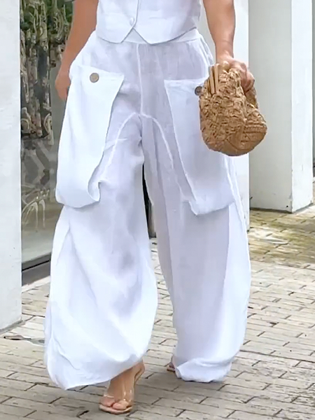 Urban Linen-Cotton Blend Loose Pants with Utility Pockets, Pants, color:White|size:XXL, Stylewe