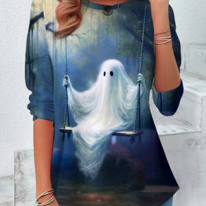 Vintage Halloween Crew Neck Long Sleeve T-shirt, Blouses, color:Blue|size:XXL, catalog Noracora shop