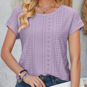 Crew Neck Short Sleeve Plain Regular Micro-Elasticity Loose Shirt For Women, Blouses, color:Purple|size:XXL, catalog Noracora shop