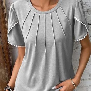 Casual Plain Crew Neck Short Sleeve T-shirt, Blouses, color:Gray|size:XXL, catalog Noracora shop