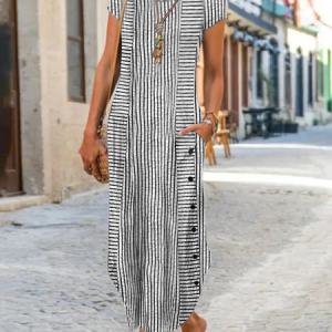 Women Striped Crew Neck Short Sleeve Comfy Casual Buckle Maxi Dress, Dresses, color:Black|size:XXL, catalog Noracora shop