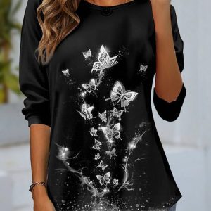 Casual Butterfly Crew Neck Long Sleeve T-shirt, Blouses, color:Black|size:XXL, catalog Noracora shop