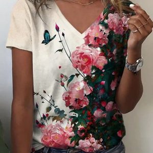Floral Casual V Neck T-Shirt, T-shirts, Lilicloth.com