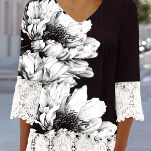 V Neck Three Quarter Sleeve Floral Regular Loose Blouse For Women, Blouses, color:Black-white|size:XXL, catalog Noracora shop