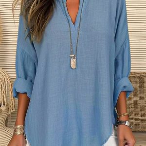 Notched Long Sleeve Plain Regular Loose Blouse For Women, Blouses, color:Blue|size:3XL, catalog Noracora shop