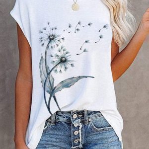 Casual Dandelion Printed Short Sleeve Round Neck Top Tunic T-Shirt, T-shirts, color:White|size:XXL, catalog Noracora shop