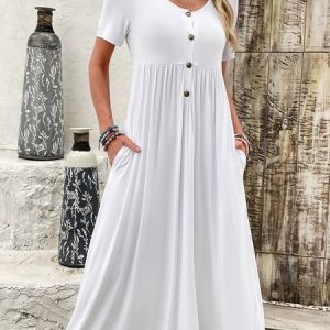 Women Plain Long Sleeve Comfy Casual Buckle Maxi Dress, Dresses, color:White|size:XXL, catalog Noracora shop