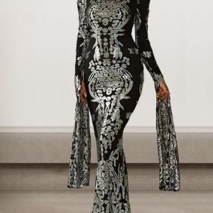 Women Plain Stand Collar Extra-long Sleeve Comfy Sexy Maxi Dress, Dresses, color:Black|size:XL, catalog Noracora shop