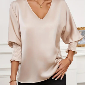Women's Long Sleeve Blouse Spring/Fall Plain V Neck Daily Going Out Casual Top, JustFashionNow Shirts, color:Apricot|size:XL,
