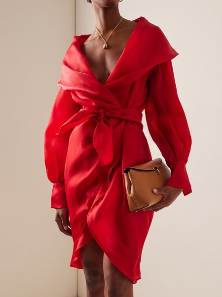 Plain Loose Shawl Collar Urban Dress With Belt, Mini Dresses, color:Red|size:XXL, Stylewe