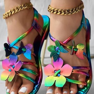 Butterfly Floral Pattern Rainbow Ombre Criss Cross Sandals, Flats-Sandals, ChicMe catalog