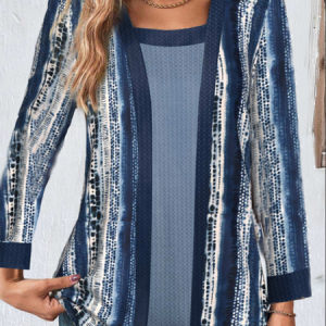 Crew Neck Long Sleeve Geometric Regular Micro-Elasticity Loose Mock Two-Piece Blouse For Women, Blouses, color:Blue|size:3XL, catalog Noracora shop