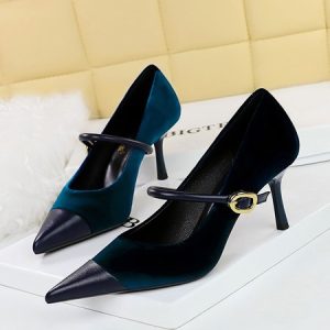 Elegant Velvet Paneled Adjustable Buckle Mary Jane Pumps, Heels, color:Deep Blue|size:43, Stylewe
