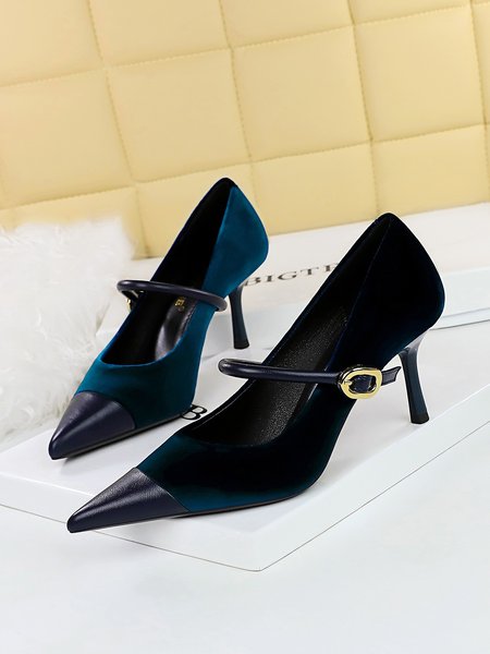 Elegant Velvet Paneled Adjustable Buckle Mary Jane Pumps, Heels, color:Deep Blue|size:43, Stylewe