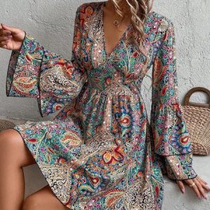 Women Ethnic V Neck Long Sleeve Comfy Casual Mini Dress, Midi, color:flower|size:XXL, catalog Noracora shop
