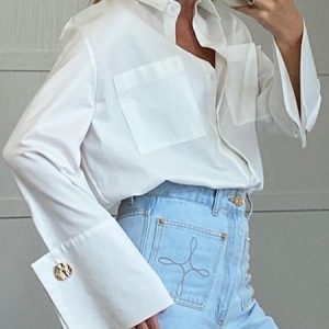 Plain Loose Urban Shirt Collar Pockets Blouse, Blouses and Shirts, color:White|size:XL, Stylewe