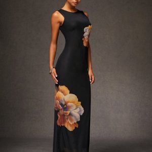 Basic Floral High Elasticity Maxi Dress, Maxi Dresses, color:Black|size:XXL, Stylewe