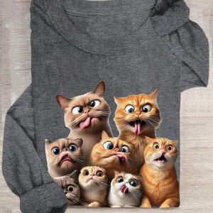 Casual Cat Crew Neck Long Sleeve T-shirt, T-shirts, color:Deep Gray|size:3XL, catalog Noracora shop