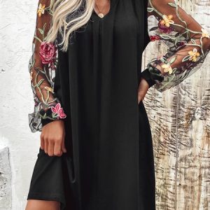 Women Floral V Neck Long Sleeve Comfy Casual Mesh Mini Dress, Dresses, color:Black|size:XXL, catalog Noracora shop