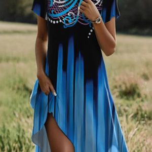 Women Ombre Crew Neck Short Sleeve Comfy Casual Midi Dress, Midi, color:Blue|size:XXL, catalog Noracora shop