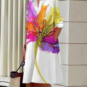 Women Floral Shirt Collar Long Sleeve Comfy Casual Midi Dress, Dresses, color:Orange Red|size:4XL, catalog Noracora shop