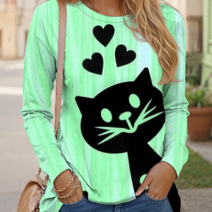 Casual Cat Crew Neck Long Sleeve T-shirt, T-shirts, color:Green|size:5XL, catalog Noracora shop