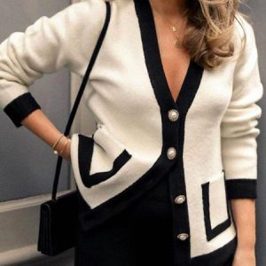 Urban V Neck Regular Sleeve Color Block Cardigan, Cardigans, color:As Picture|size:XXL, Stylewe
