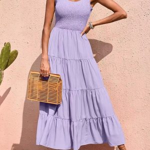 Women Plain Crew Neck Sleeveless Comfy Casual Maxi Dress, Maxi, color:Purple|size:XXL, catalog Noracora shop
