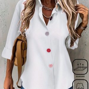 Shirt Collar Long Sleeve Plain Buckle Regular Loose Shirt For Women, Shirts, color:White|size:XXL, catalog Noracora shop