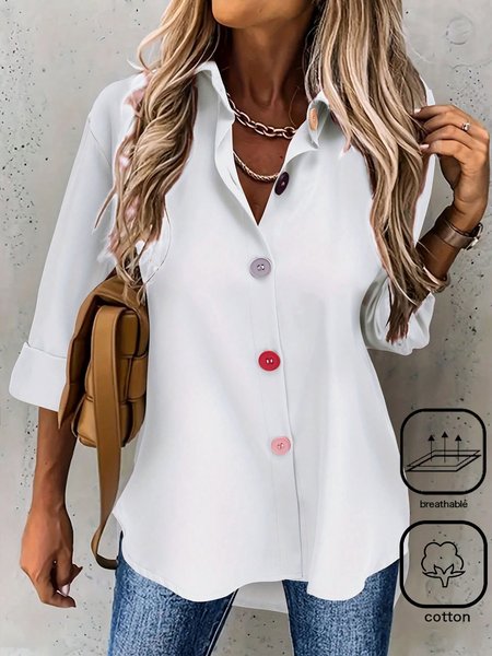 Women's Long Sleeve Shirt Spring/Fall Plain Buckle Cotton Shirt Collar Daily Going Out Casual Top White, JustFashionNow Shirts & Blouses, color:White|size:XXL,