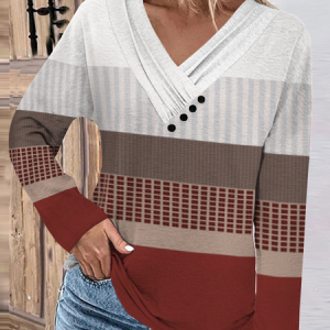 Casual Striped V Neck Long Sleeve T-shirt, T-shirts, color:Red Brown|size:3XL, catalog Noracora shop