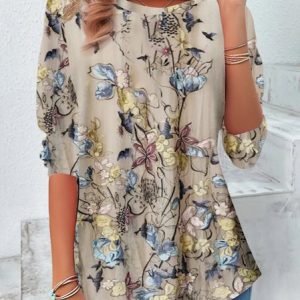 Women's Long Sleeve Tee T-shirt Spring/Fall Floral Printing Jersey Crew Neck Daily Going Out Vintage Top Light Khaki, JustFashionNow Tops, color:Light Khaki|size:XXL,