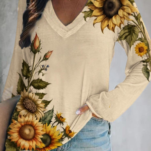 Casual Daisy V Neck Long Sleeve T-shirt, T-shirts, color:Yellow|size:3XL, catalog Noracora shop