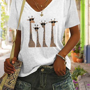 Casual Deer V Neck Short Sleeve T-shirt, T-shirts, color:White|size:XXL, catalog Noracora shop